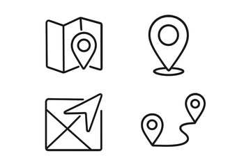 Map and GPS line icon set. Navigation, location, and tracking outline icons. Vector symbols for route, destination, direction, journey, and pointer. Thin line illustration.