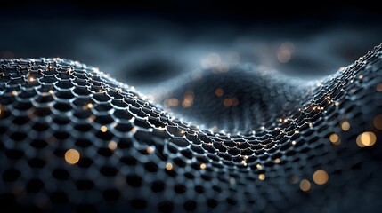 Gently waving, dark blue surface is made of a glowing hexagonal lattice, representing advanced materials like graphene or complex network structures.