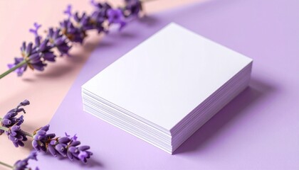 Fototapeta premium Pile of White Business Cards with Lavender Blooms on Purple and Pink Surface