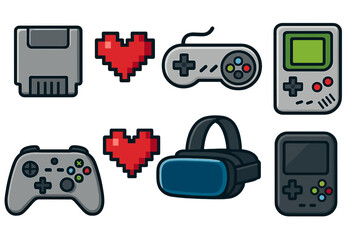 Gaming icon set. Video game icons collection. Retro and modern gamer equipment. Vector controller, console, VR headset, cartridge, and pixel art heart. 8-bit nostalgia.