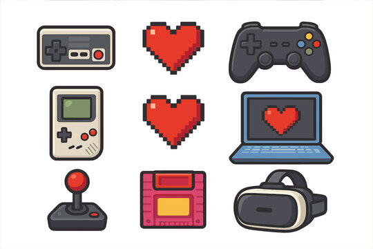 Gaming icon set with classic and modern video game equipment. Gamepad, joystick, VR glasses, console controller, laptop. Pixel art hearts. Vector cartoon retro collection.