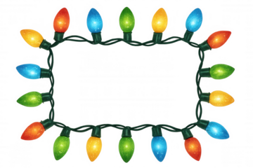 Glowing colorful christmas lights forming a rectangular frame on a transparent background, perfect for festive designs