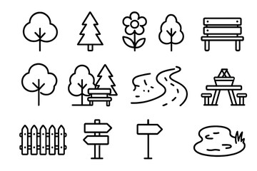 Nature park line icon set. Outdoor recreation and landscape elements. Tree, flower, bench, picnic table, path, pond, fence, signpost vector icons. Simple outline illustration.