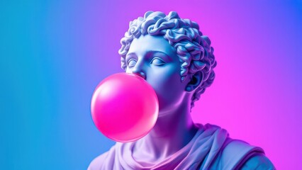 Classical Statue Blowing a Large Pink Bubblegum Against a Vibrant Neon Gradient Background