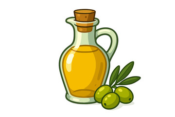 Glass bottle of virgin olive oil with green olives branch. Vector icon for healthy cooking, Mediterranean diet. Natural food ingredient illustration isolated on white background.