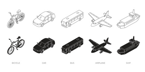 Transportation Vehicles Icon Set. Isometric Outline Vector Icons of Car, Bus, Bicycle, Airplane, and Ship