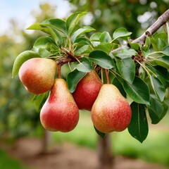 Three lush juicy pears hanging from a tree branch in a sunlit orchard under the morning sunlight glowing warmly