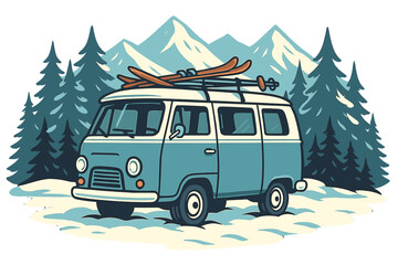 Vintage van with skis on roof in snowy mountains. Winter ski trip vacation concept. Retro camper on a road trip adventure in a forest landscape. Vector cartoon illustration.
