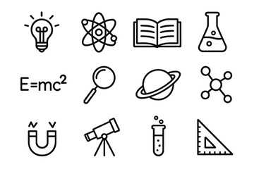 Science icon set. Physics, chemistry, astronomy, math. Line art symbols. Atom, planet, molecule, E=mc2, magnet, lightbulb, telescope, book. Vector illustration for education.