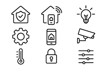 Smart home outline icon set. Home automation system control icons. Vector symbols for security, energy, light, climate. Remote technology app interface pictogram collection.