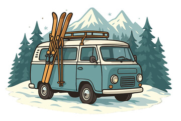 Vintage van with skis in winter mountain landscape. Retro camper car for ski road trip adventure. Winter sports holiday vacation travel concept. Cartoon vector illustration.