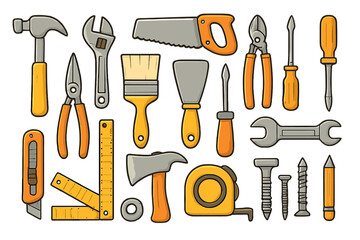 Obraz premium Vector cartoon illustration of a construction and repair tool kit for home improvement. Handyman equipment for DIY projects, carpentry, and building. Workshop hardware set.