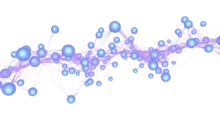 Graceful ethereal network of softly glowing azure orbs connected by shimmering lavender filaments on a transparent background with copy space, representing subtle energy and interconnectedness concept