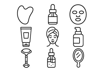 Beauty and skincare line icon set. Self-care routine, spa treatment concept. Cosmetics outline collection. Gua sha, face roller, serum, cream, mask vector symbols.