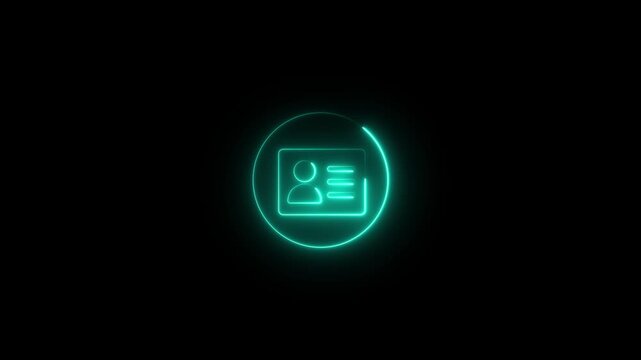 Neon cyan color ID Card icon. Neon Identification card outline icon. Neon NID card verify icon isolated .Neon profile animation on black background. 4k video animation