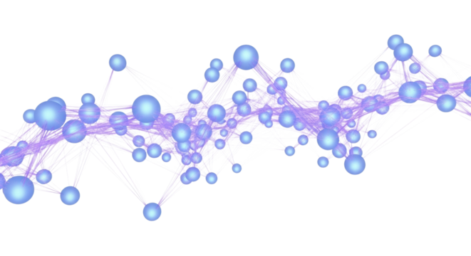 Graceful ethereal network of softly glowing azure orbs connected by shimmering lavender filaments on a transparent background with copy space, representing subtle energy and interconnectedness concept