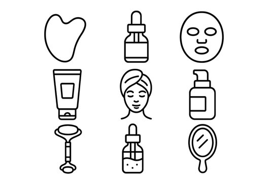 Beauty and skincare line icon set. Self-care routine, spa treatment concept. Cosmetics outline collection. Gua sha, face roller, serum, cream, mask vector symbols.