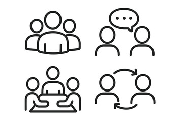 Communication collaboration outline icon set. Teamwork, group meeting, discussion, feedback symbols. Business people, dialogue, conference, interview pictogram collection. Vector.