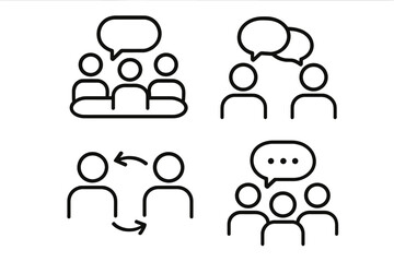 Communication and collaboration outline icon set. Business teamwork, group meeting, and conference symbols. Vector pictogram collection for dialogue, discussion, and feedback.