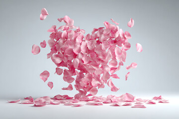 Fototapeta premium Cascading pink rose petals forming a heart shape, creating a romantic and delicate explosion of love and beauty, perfect for celebrations and heartfelt messages.