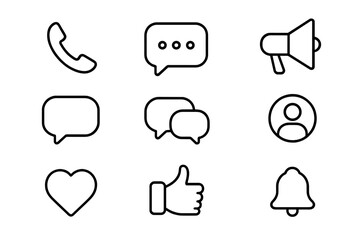 Communication and social media outline icon set. Linear vector icons for web and mobile UI. Includes chat, call, like, comment, notification, profile, and alert symbols.