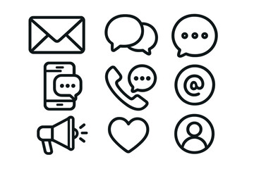 Communication and messaging line icon set. Email, chat, and social media symbols. Vector illustration for web and mobile app design. User interface elements collection.