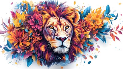 Majestic Lion Portrait Surrounded by Vibrant Floral Artwork