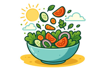 Fresh vegetable salad in bowl with flying ingredients. Healthy summer food concept. Vector cartoon for diet, vegan, vegetarian lifestyle. Organic meal on sunny day background.