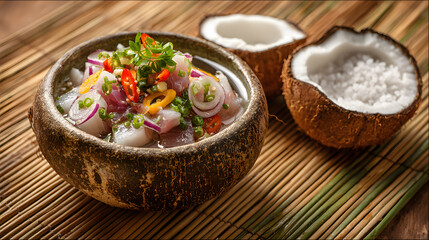 Traditional Filipino Kinilaw raw fish salad with vinegar and coconut