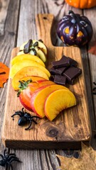 Halloween Fruit Platter with Chocolate and Toy Spiders on Rustic Wooden Surface