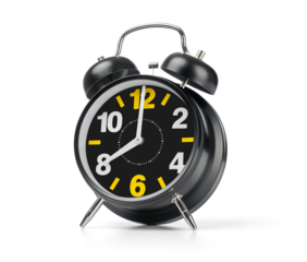 Bright black retro alarm clock with twin bells on transparent background. Classic style showing 8:00. Great for time-related designs and wake-up concepts in PNG format.