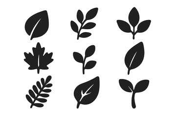 Leaves silhouette icon set. Black plant and tree leaf shapes. Vector collection of botanical elements. Maple and simple foliage symbols for eco, organic, and nature themes.