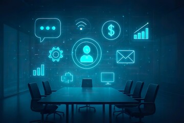 A futuristic conference room with a digital interface and business icons