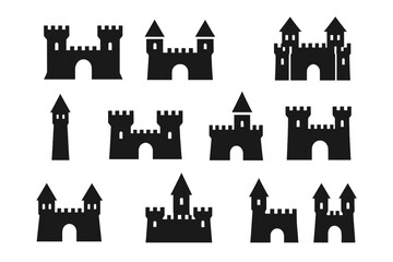 Medieval castle silhouette icon set. Vector collection of fortresses, towers, and historic citadels. Simple black graphic elements for fantasy or history themes.