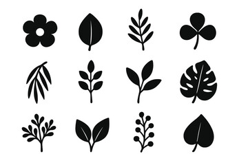 Leaf and flower icon set with botanical illustrations. Black silhouette collection of plant elements like monstera, palm, and clover for logos. Simple flat vector design.