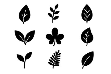 Leaf icon set. Collection of simple black plant and nature symbols. Vector illustration of botanical foliage, sprout, and branch silhouettes. Eco, organic, bio graphic elements.