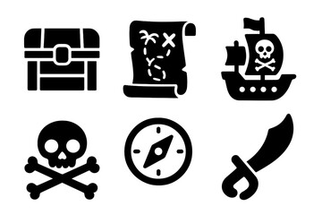 Pirate adventure solid icon set. Features treasure chest, map, ship, skull, compass, and sword. Vector glyphs for marine navigation, treasure hunt, and sea journey concepts.