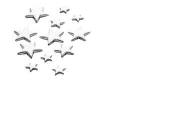 A cluster of dull silver stars with matte, brushed finish and intricate embossing, subtly varied in size, on a transparent background with copy space. Concept of cosmic elegance