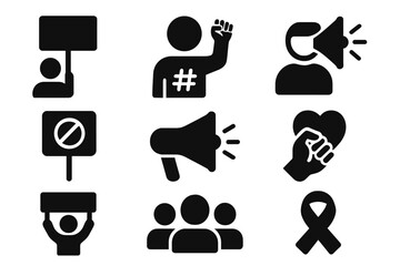 Protest and activism solid icon set. Advocacy, demonstration, awareness symbols. Vector collection of glyphs for social issues, human rights, rally, march, and movements.
