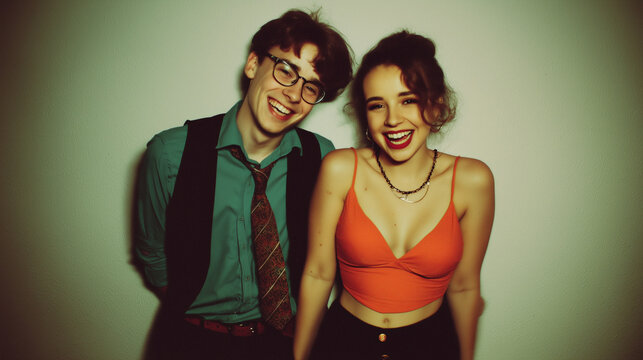 A young couple in love, styled in 1980s&ndash;1990s fashion, with red and green colors, capturing a nostalgic retro vibe
