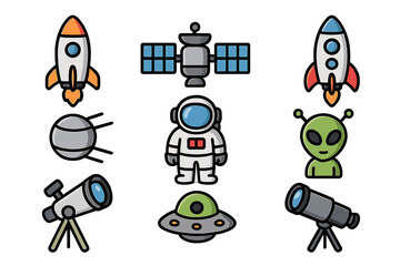 Space exploration filled icon set with rockets, satellites, astronauts, aliens, and telescopes in vibrant cartoon vector style, transparent background, ordered set of 3