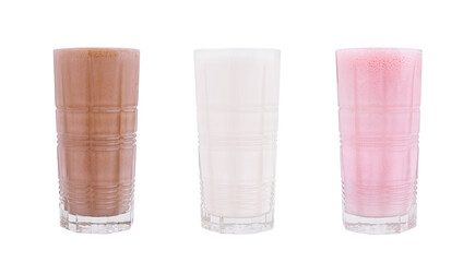 Delicious variety of colorful beverages in tall glasses on a white background