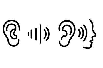 Ear and sound wave line icon set. Hearing, listening, and audio perception concepts. Vector illustration for audiology, otolaryngology, communication, and noise pollution.