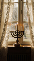 A close-up of a menorah with lit candles placed on a windowsill, soft evening light streaming through sheer curtains, creating a serene Hanukkah setting.