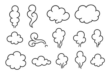 Smoke cloud vector icon set. Doodle steam puff, vapor, and wind shapes. Hand drawn cartoon comic line art. Fume, dust, and air blow graphic elements for design projects.