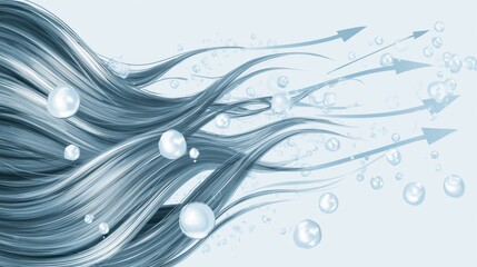 Infographic design of Hyaluronic Acid Conditioner benefits, glowing hair strands, water molecules, hydration arrows