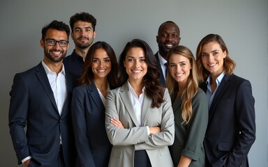 A diverse group of businesspeople poses for a professional team photo, exuding confidence and professionalism, while looking smart and impeccable. Generative AI. High quality