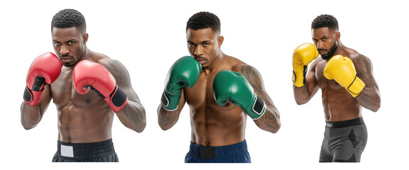 Three men boxing in red green and yellow gloves on white isolated on white transparent background png jpg business people clipping path cutout 2025 2026 4k full hd poster banner label download