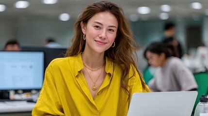 Focused Portrait: A poised business professional, radiating confidence, is captured in a moment of focused productivity amidst the dynamic energy of a modern workspace.
