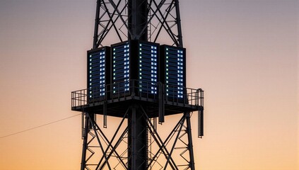 Edge computing micro data center rack on a telecommunications tower at dusk